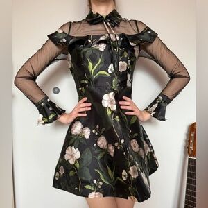 Floral Black Dress with Sheer Sleeves S Nina Basco
